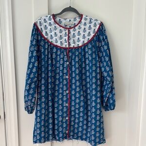 Blue Floral Long-Sleeve Women's Dress with Contrast Yoke